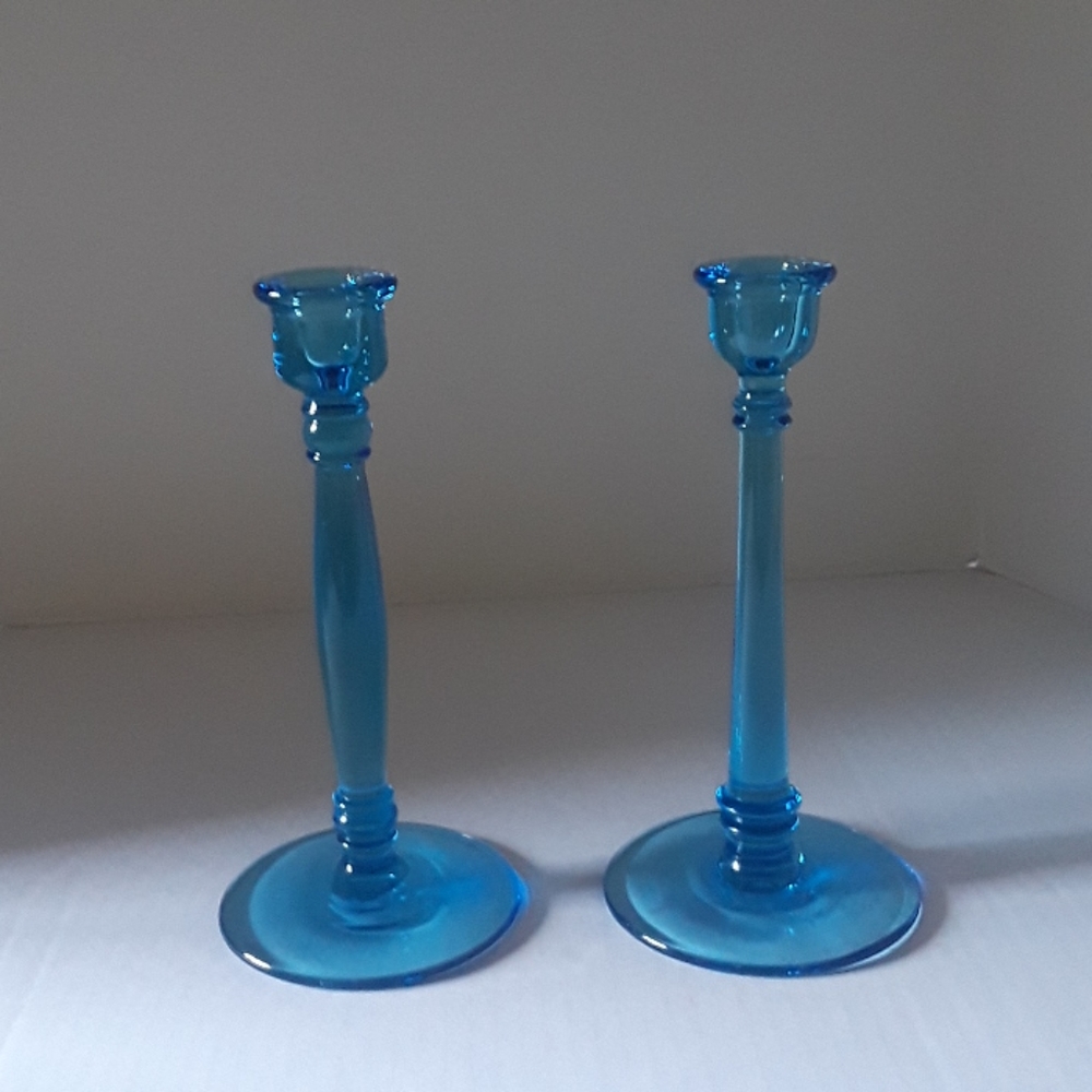 Pr Beautiful Colonial Blue Glass Candle Holders
